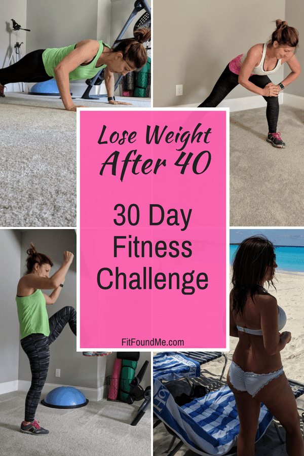 exercises in 30 day fitness challenge and results of lady in swimsuit on beach after 40 weight loss