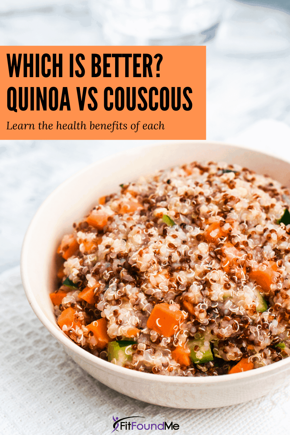 bowl of salad with quinoa and overlay of which is better? quinoa vs couscous learn the health benefits of each