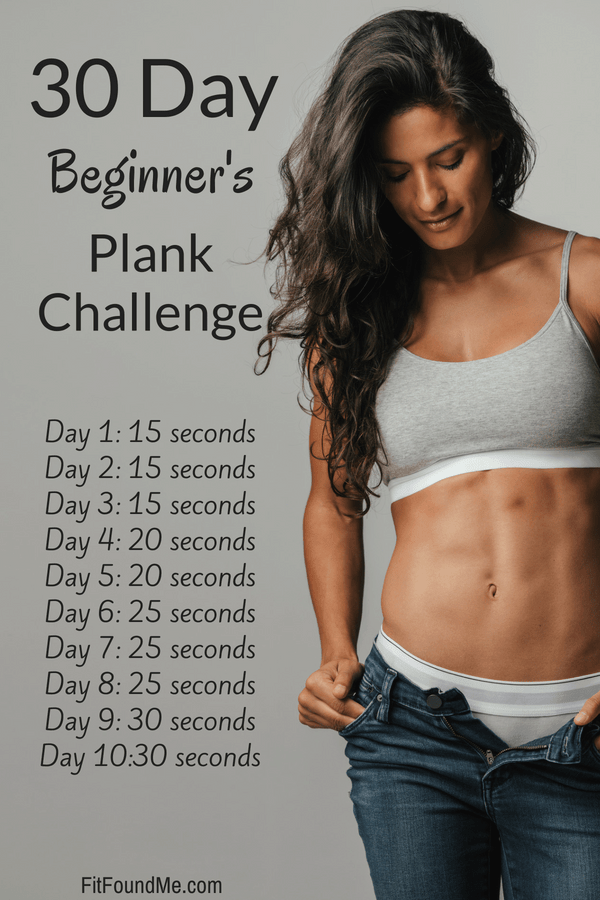 Woman with toned muscles and list of 30-day plank challenge.