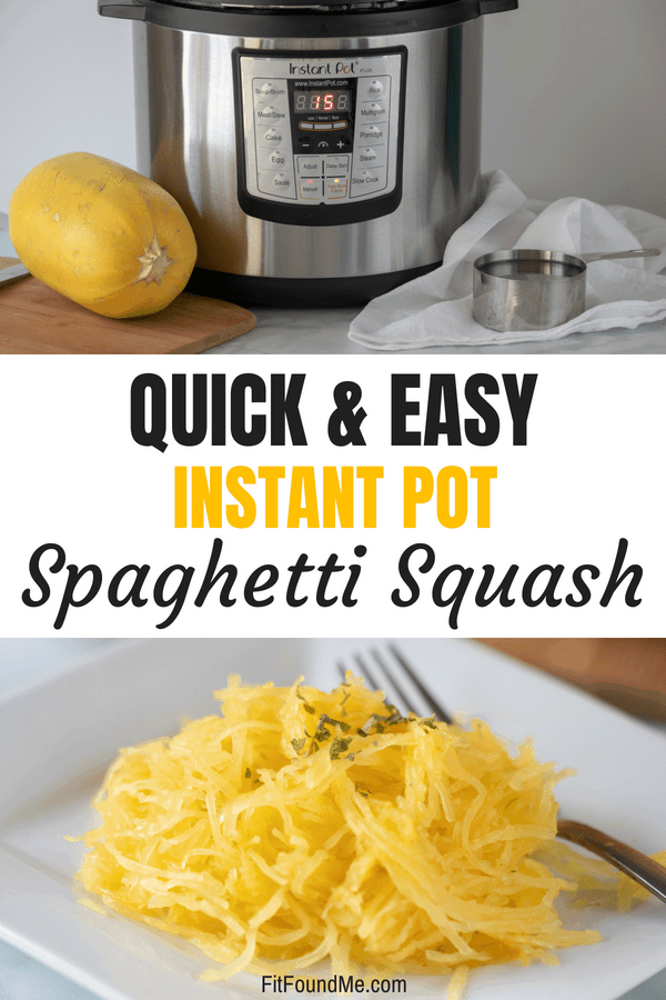 spaghetti squash instant pot and measuring cup and cooked spaghetti squash on white plate with fork for dinner 