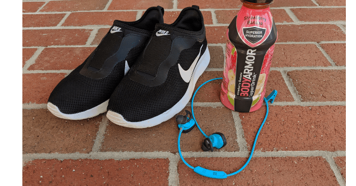items to take with you walking for weight loss plan are walking shoes, bose earbuds and bodyarmor sports drink