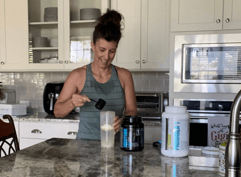 stephanie making protein shake with 1st phorm protein