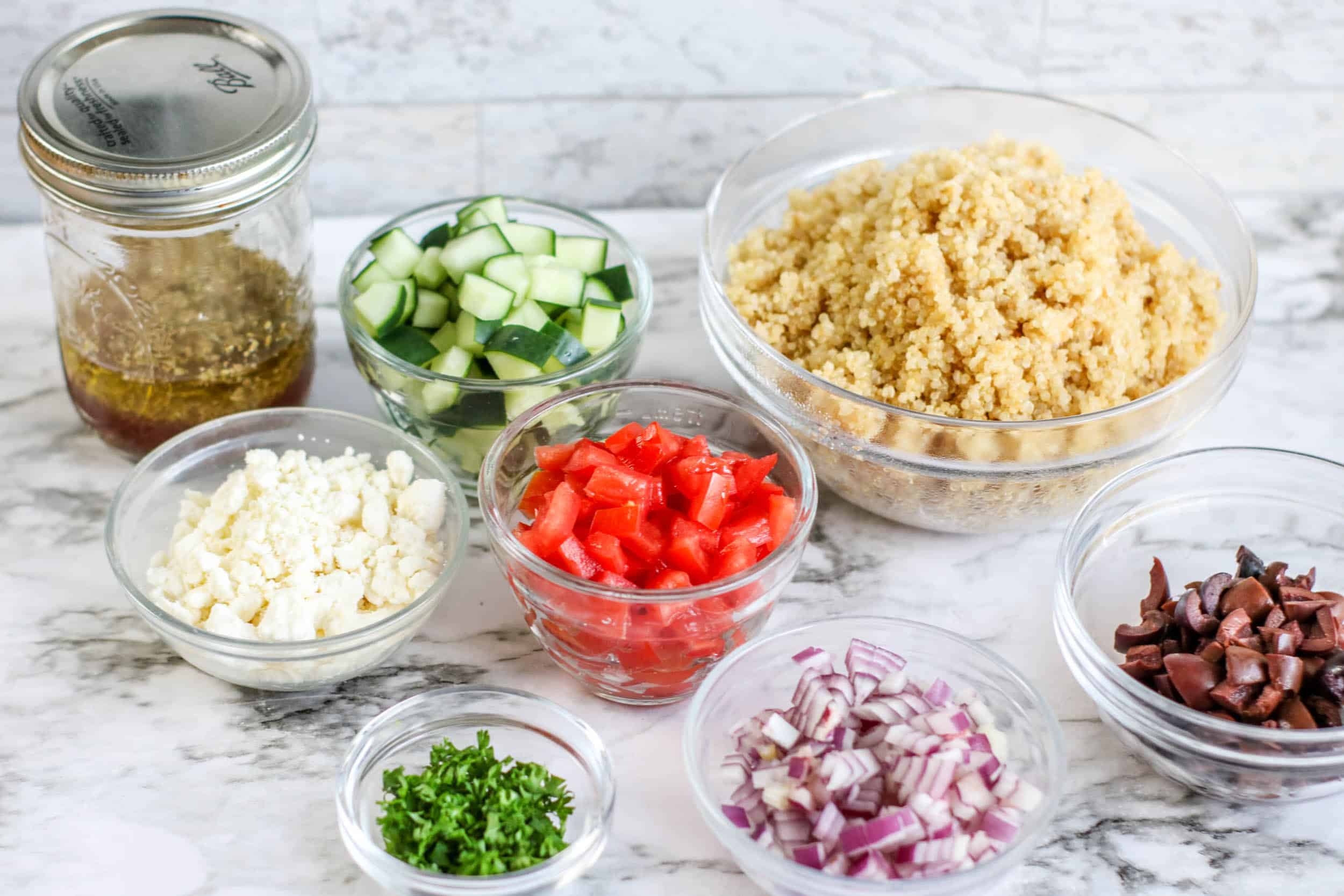 ingredients for quick, easy, delicious greek quinoa salad