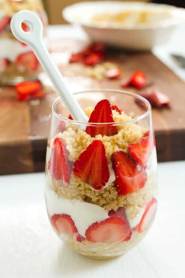 Quinoa with dessert with strawberries shortcake and yogurt with quinoa