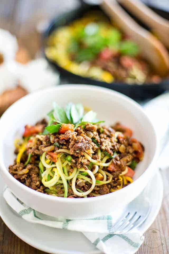 healthy ground beef recipe with low carb zoodles in a bowl