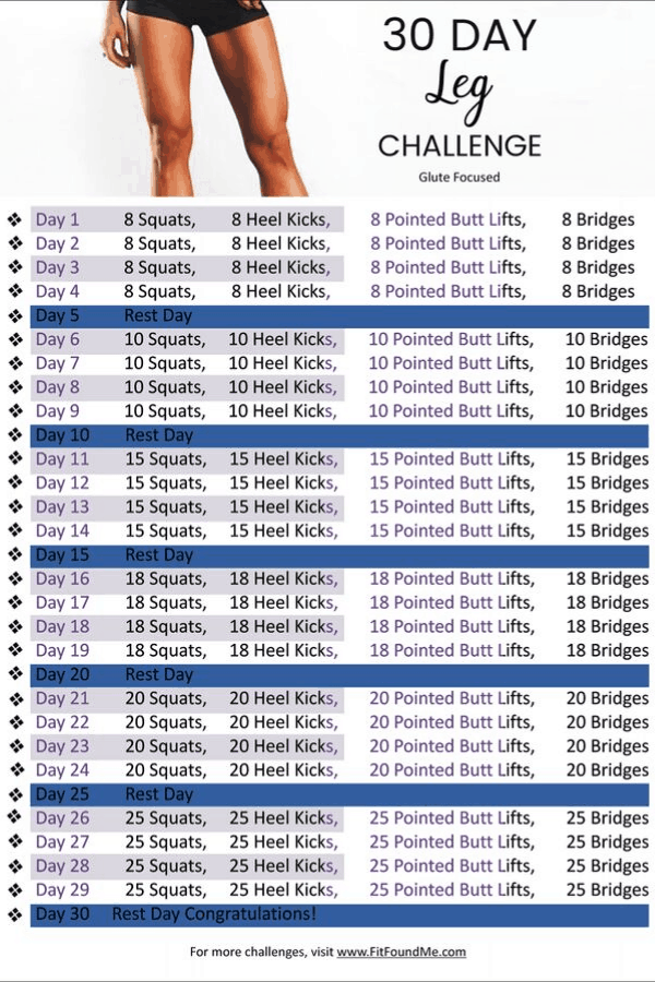 Chart of 30 day leg challenge exercises.
