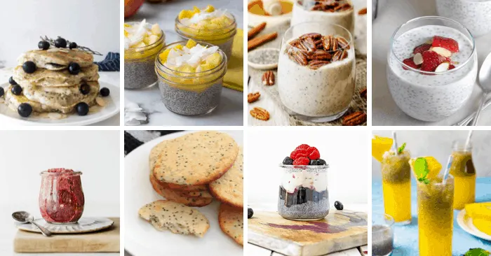 chia recipe collage of 8 recipes