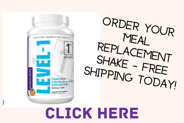 Level 1 meal replacement jug of protein powder.