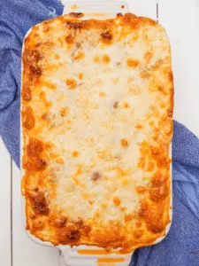 browned lasagna dish fresh out of the oven
