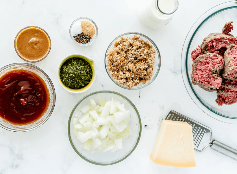 all ingredients for meatloaf in bowls