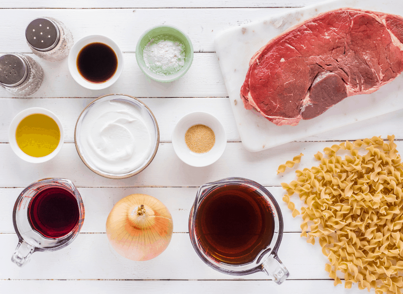 steak, egg noodles, red cooking wine, onion, greek yogurt, for beef stroganoff