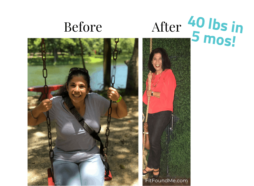 Woman sitting on a swing before weight loss, and woman standing on swing after losing weight.