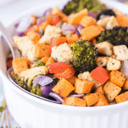 bowl of roasted vegetables with chicken