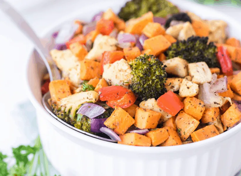 bowl of roasted vegetables with chicken