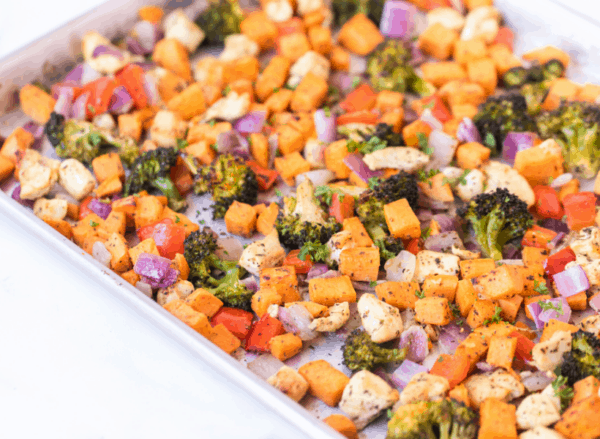 Sheet Pan Chicken Dinner with Sweet Potatoes and Peppers