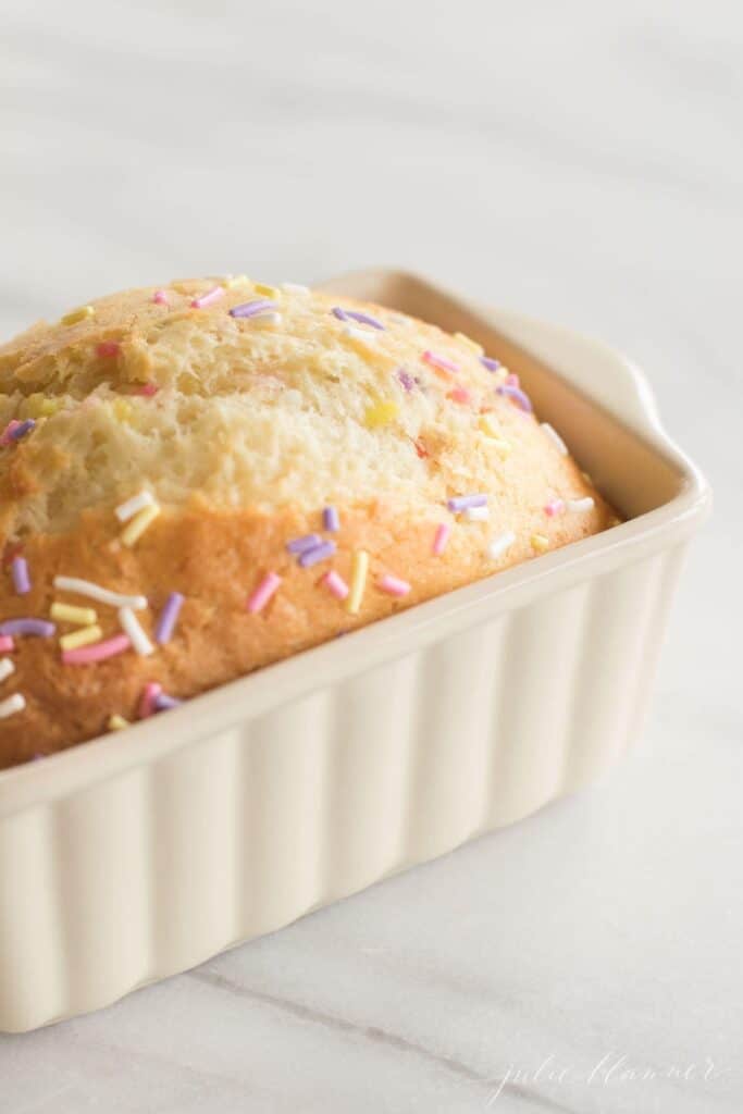 yeastless funfetti bread in baking dish