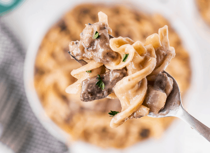 beef stroganoff on a fork 