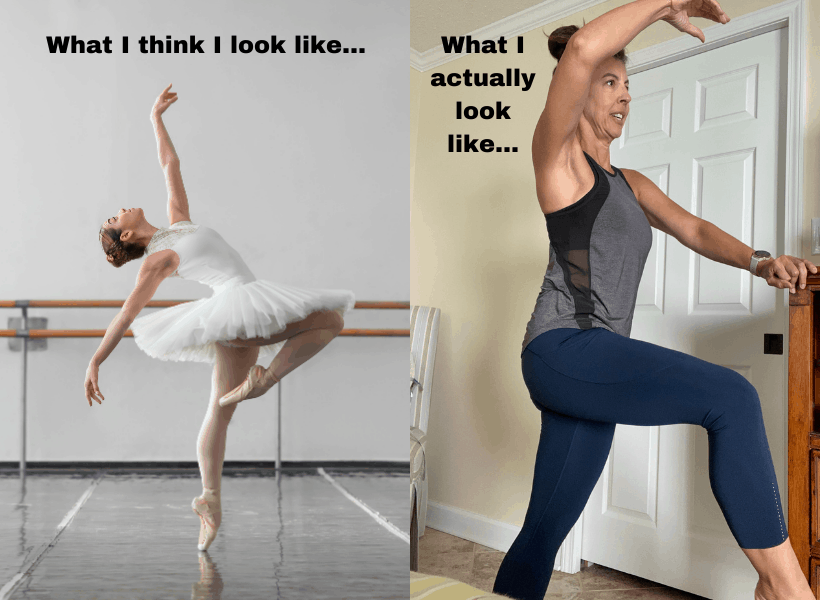 ballerina on one side and normal lady doing barre workout at home on the other side