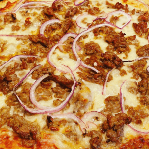 homemade turkey sausage and red onion pizza