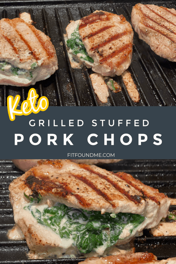 pork chops stuffed with spinach and cheese cooking on grill