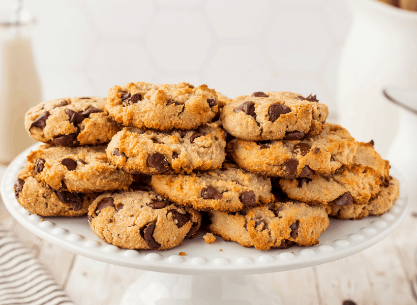 large plate of keto chocolate chip cookies