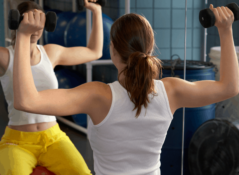 Woman using hand weights for arm workout.