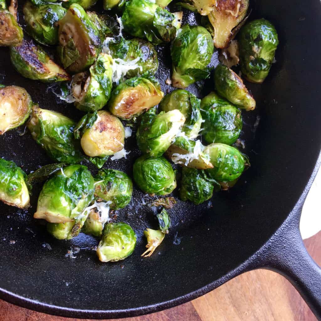 Brussels Sprouts in a cast iron pan