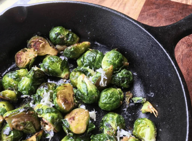 brussels sprouts in a cast pan