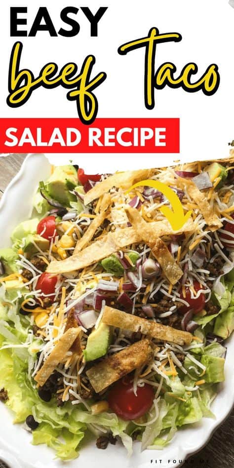 close up picture of easy taco beef salad with tortilla strips on top