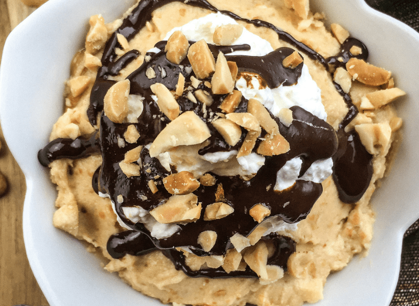 healthy peanut butter mousse in a white dessert bowl