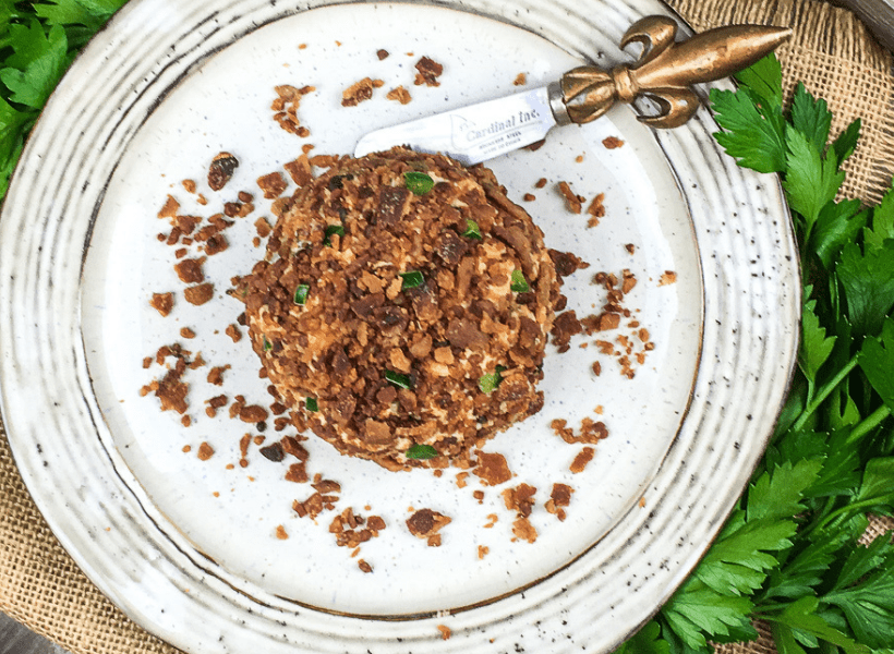 bacon jalapeno cheese ball on a plate