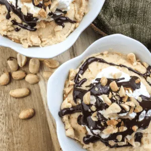 healthy peanut butter mousse in a white dessert bowl
