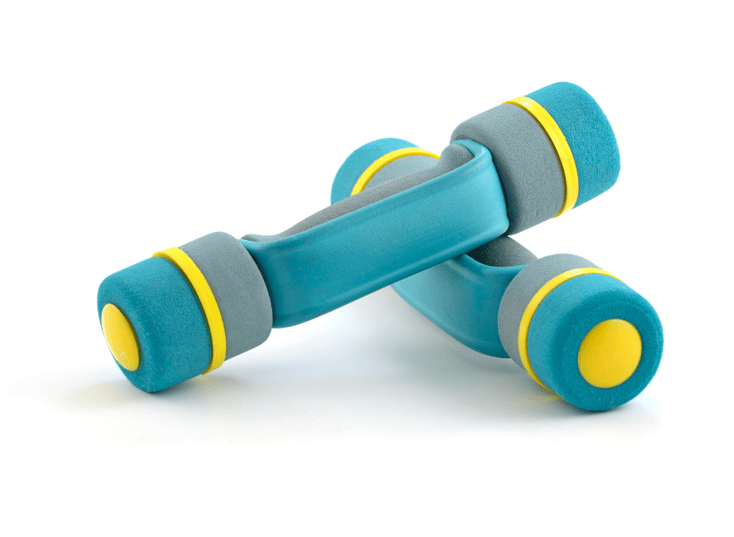 teal and yellow hand weights with strap for hand
