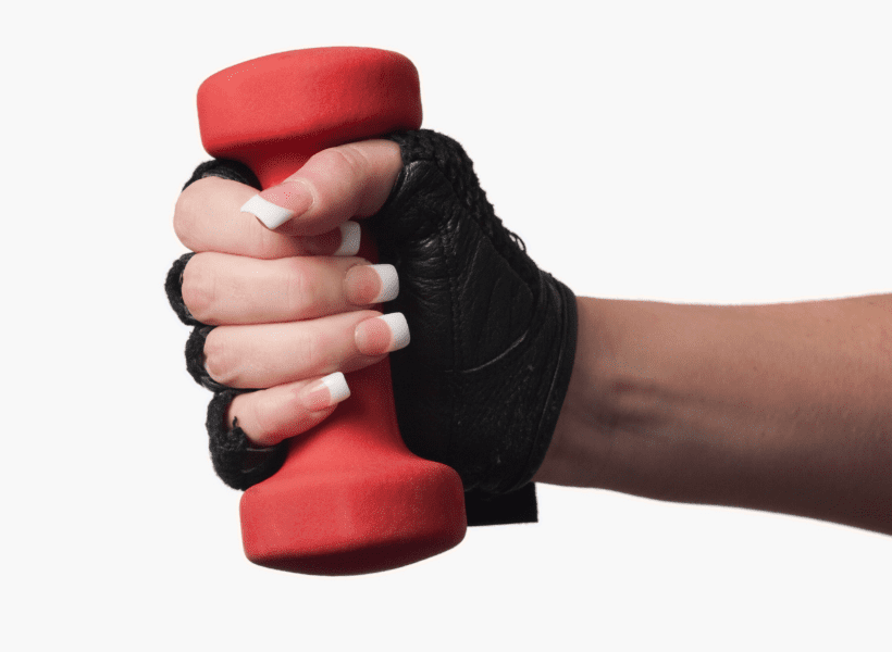 lady holding red neoprene dumbbell and wearing a black wrist hand weight