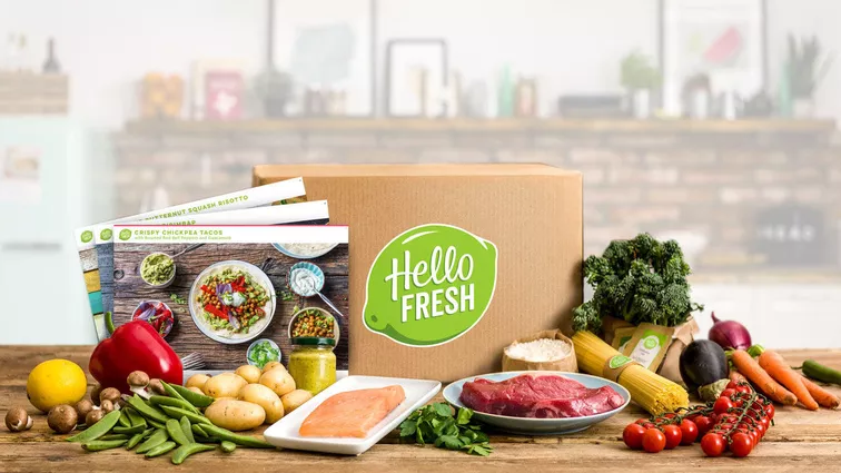hello fresh bag and food on counter surrounding it