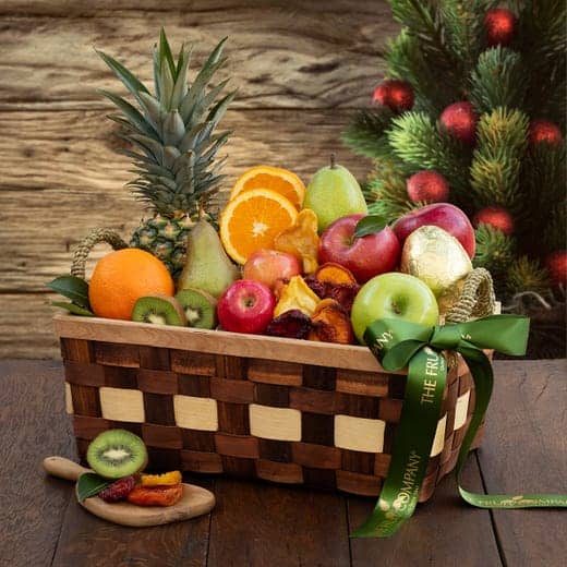 large basket of fruit on brown table
