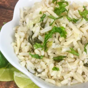 white bowl of cilantro rice with garnish on top