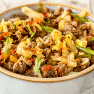 egg roll recipe in a cream colored bowl