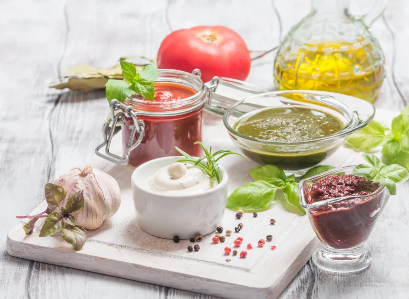 variety of healthy dipping sauces and dressings in bowls sitting on white cutting board with fresh ingredients around them