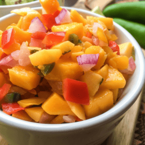 zoomed in image of mango peach salsa with red onion, jalapeno peppers and red bell peppers in a small white bowl