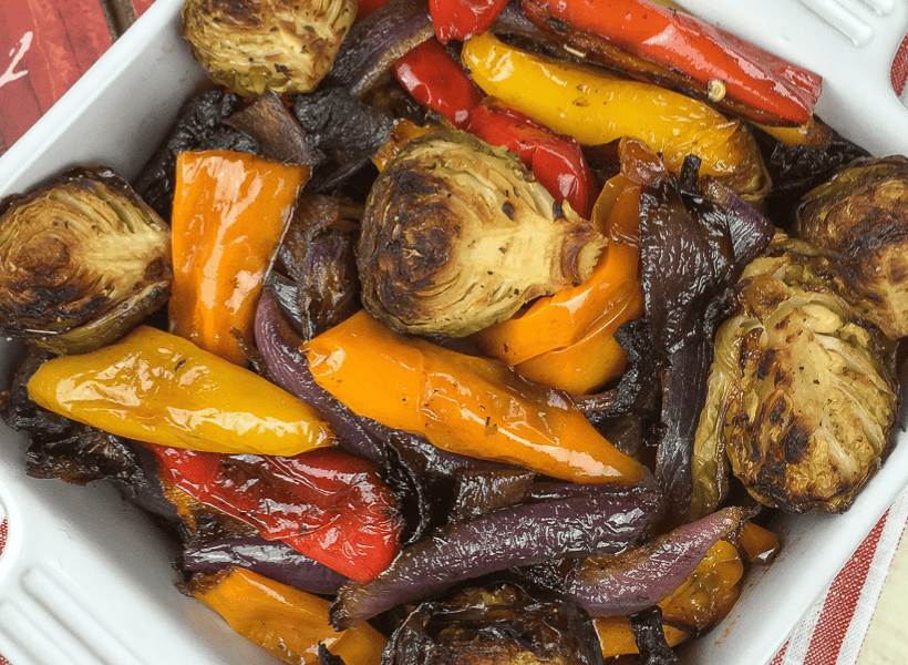 roasted vegetables in a white bowl