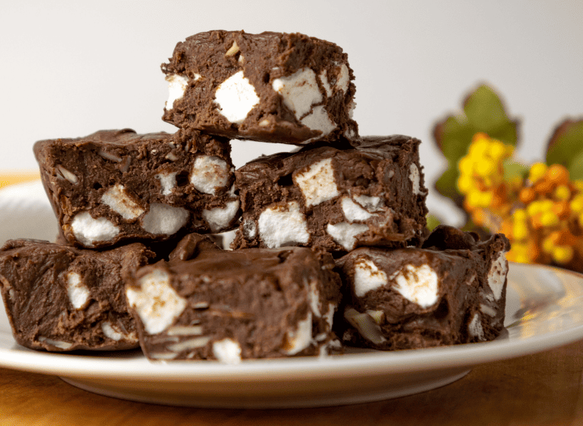 plated stack of rocky road fudge
