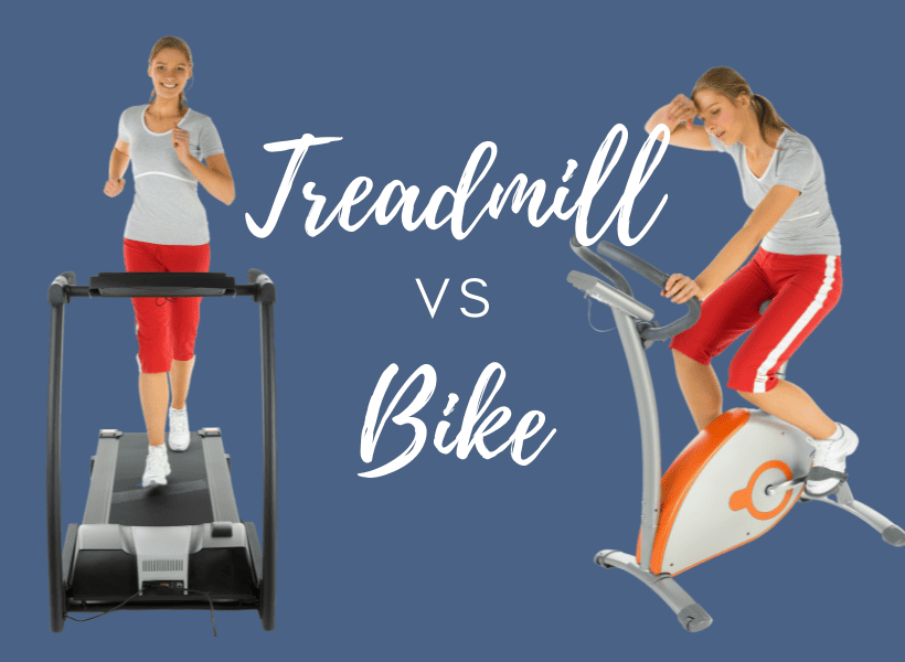 blue background with lady on treadmill and lady on bike with words treadmill vs bike