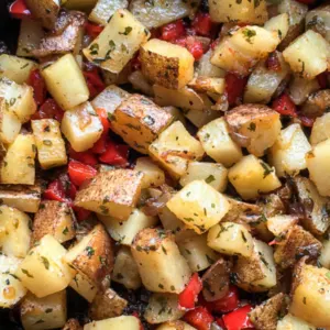 parmesan breakfast potatoes cooked in a cast iron skillet