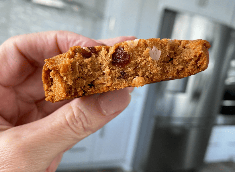 up close picture of an oatmeal raisin protein cookie
