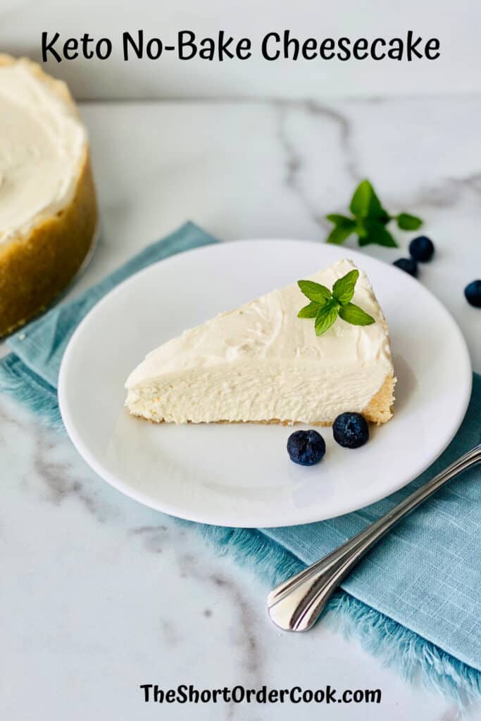 keto no bake cheesecake on white plate with fork