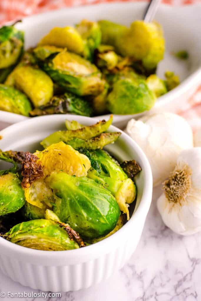 roasted brussels sprouts in white dish