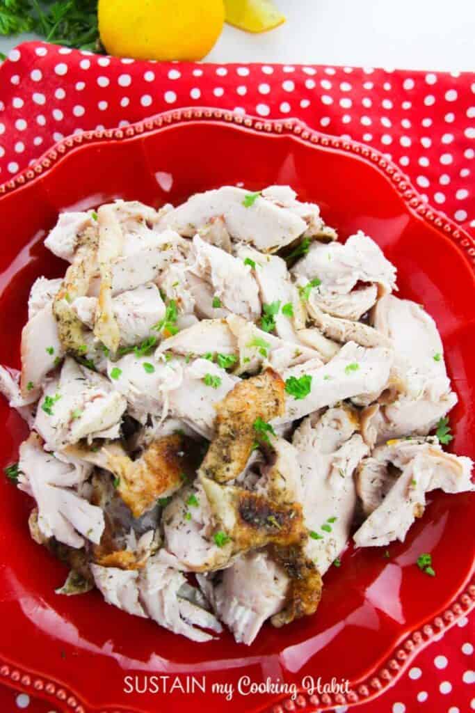 roasted turkey breast pieces on red plate