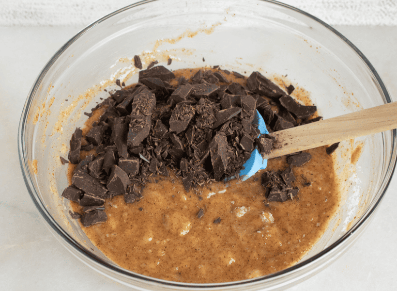 muffin batter being mixed with chocolate chunks