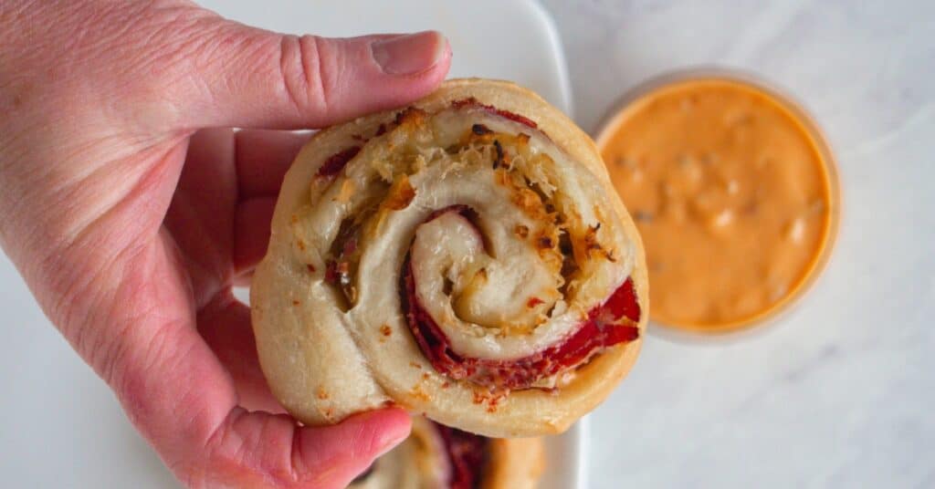 reuben pizza rolls with dipping sauce